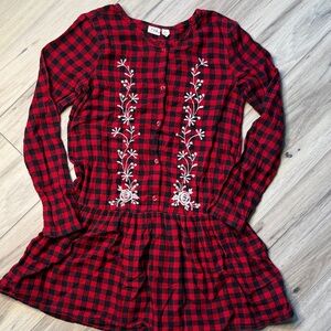 Red and Black Plaid Dress with Floral Detail